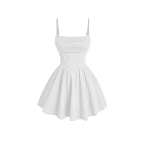 YIMAISZQ Kleid Frauen Mit Geringer Korsett Spaghetti -Riemen Und Flare Flowy Skater Mini Cami Kleid-hell Weiß-m