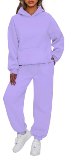 OLIPHEE Trainingsanzug Damen Set Fleece Jogginganzug Damen Outdoor Winter Warm 2 Teiliger Hoodie mit Kapuze Gym Sweathose Baggy Sportanzug Set für Frauen Streetwear Lila M