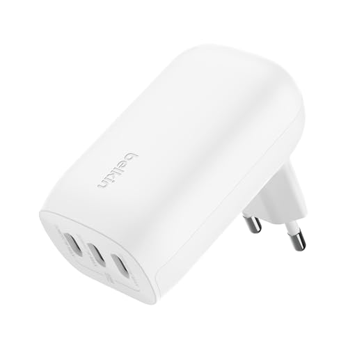 Belkin BoostCharge USB-C-Ladegerät mit DREI Anschlüssen und PPS (67 W), USB-C PD 3.1-iPhone-Schnellladegerät für die iPhone 17, iPhone Air, iPhone 16, MacBook Pro, AirPods, Galaxy – Weiß