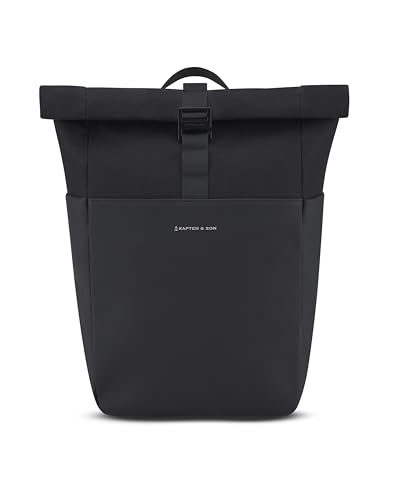 Kapten & Son Rucksack Lund Basic All Black 14-16,5 L | Rolltop Rucksack Damen & Herren | Handgepäck Rucksack mit 14'' Laptopfach | Vegan & Wasserabweisend