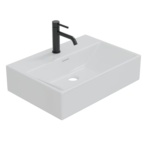 HAGO24 | Waschbecken Keramik 515x360x130mm | eckig | Überlauf | Wandmontage | Aufsatzwaschbecken | weiß | Standardanschluss | kratzfest | schmaler Rand | modern