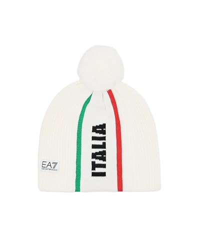 Emporio Armani EA7 Italia Team Olympische Winterspiele 2026, Unisex Mütze mit Bommel aus Wollmischung, 7X000514, White Winter Olympic, 56