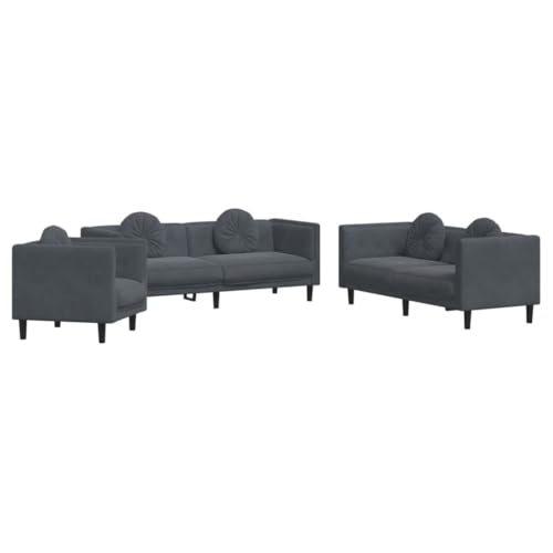vidaXL Sofagarnitur 3-TLG., Sessel Couch Sofa für Wohnzimmer, Loungesofa Polstersofa mit Kissen, Couchgarnitur Sitzmöbel, Modern, Dunkelgrau Samt