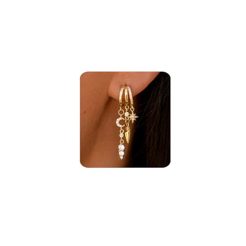 MUMREUES Ohrringe Gold 14 Karat Gold Vergoldet Ohrringe Ohrstecker Damen Stecker Der Stern Der Mond Hypoallergen Wasserfest Minimalistische Lang Ohrhänger Elegant Zirkonia Schmuck Geschenke