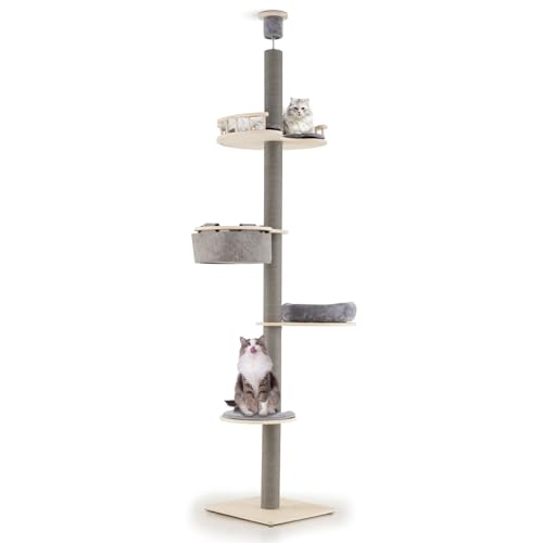 SOARS Kratzbaum deckenhoch, 236-271 cm hoher Katzenbaum mit 4 Ebenen, Liegemulde, 10 cm dickem Stamm, Katzenkratzbaum Deckenspanner höhenverstellbar, Kletterbaum für Katzen