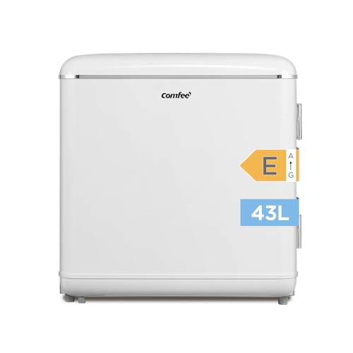 Comfee' RCD50WH2EURT(E) Kleiner Kühlschrank, 47 Liter, Retro-Design, Mini-Tischkühlschrank, Kühlfach, leise, Kühlschrank für Büro, Zuhause, Weiß [Energieklasse E]