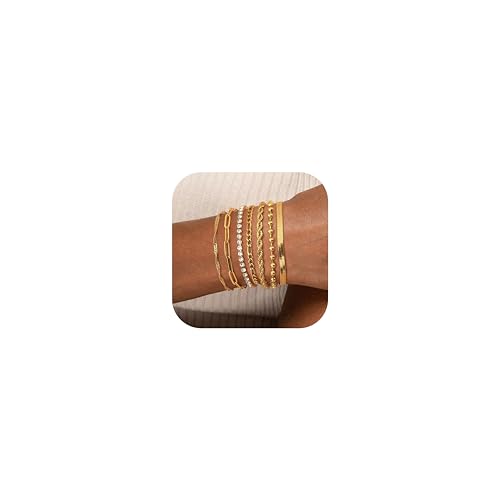 Adramata 7Pcs Ketten Armbander 14 Karat Vergoldet Armkette Twist Figaro Kettenarmbänder Verstellbar CZ Modeschmuck Set Silber Gold für Damen Mädchen