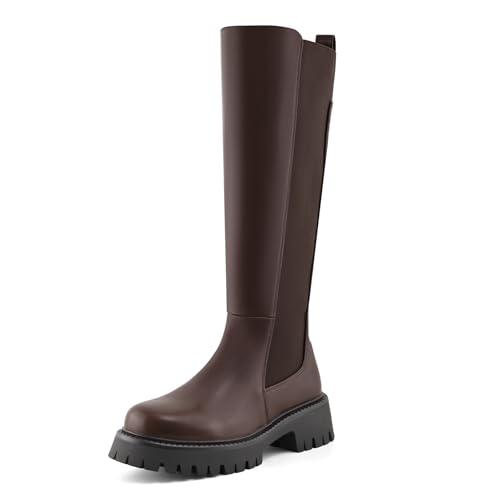 PODAIK Kniehohe Damen-Stiefel, Plateau, Stretch-Sohle, Reitstiefel, runde Zehenpartie, elastisch, bequem, modisch, mit seitlichem Reißverschluss, Dunkelbraun, 39 EU