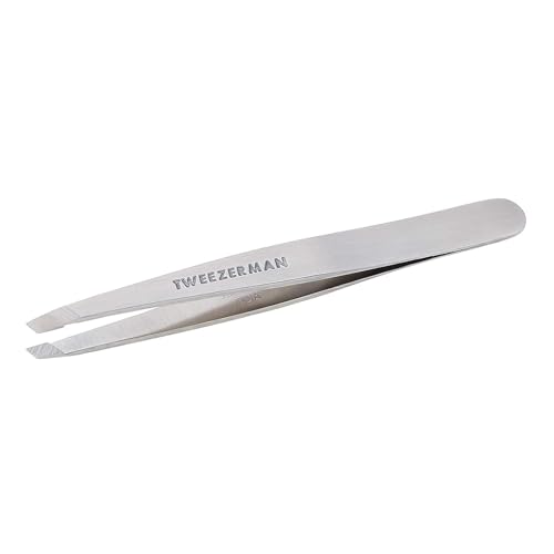 TWEEZERMAN Pinzette (Handgeschliffene, schräge Spitzen, Augenbrauen zupfen, Profi Qualität, rostfreier Edelstahl), Silber