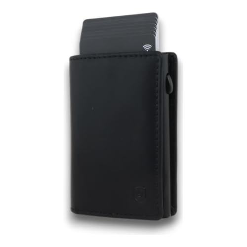 AKAROA – Kartenetui Slim Wallet Herren Rindsleder Pelle – Pop-up Card Holder Geldbeutel mit RFID Schutz und Kartenauswurf 7x10cm - Extra Kartenfächer, Scheinfach & Magnetverschluss – Braun