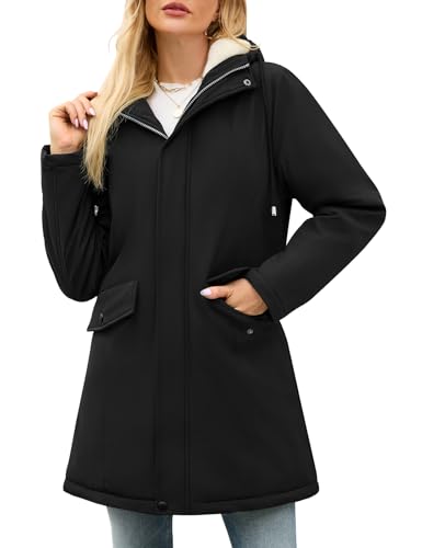 Yuson Girl Winterjacke Damen Fleecejacke Lang Warm Wintermäntel Fleece Gefüttert Jacke Winterparka Dicker Mantel Herbst Winter Damen-jacken Outdoor Winddichte Parka mit Kapuze(Schwarz, XL)