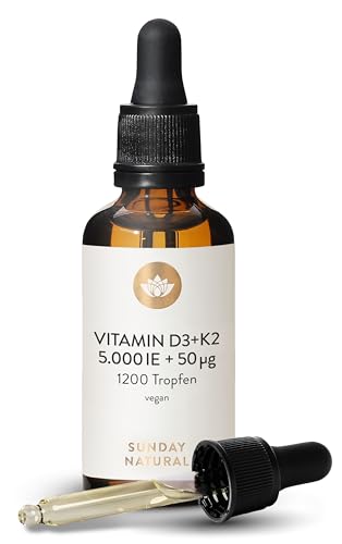SUNDAY NATURAL® Vitamin D3 K2 Tropfen – Vitamin D 3 5.000IE + K2-MK7 ≥99,8 % + all-trans 50µg – Vegan, ohne unnötige Zusätze