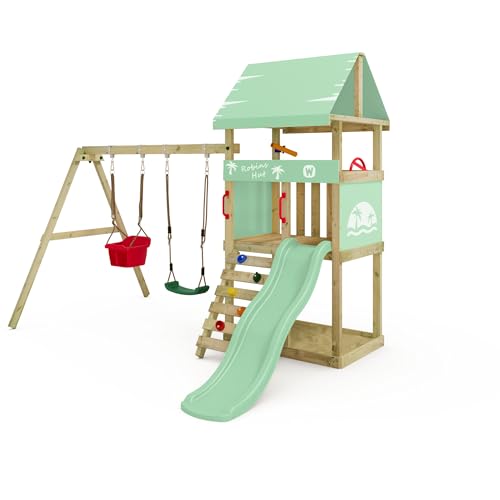 Wickey Spielturm DinkyHouse mit Schaukelanbau - pastellgrüne Rutsche & Plane - Kinder Kletterturm für den Garten aus Massivholz - 303x317x247 cm