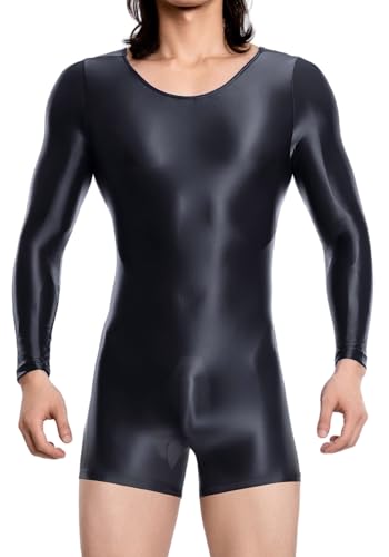 FEOYA Herren Leotard Bodysuit Wetlook Jumpsuit Öl Glänzend Playsuit Einteiler Body Transparent Dessous Nachtclub Schwarz XL