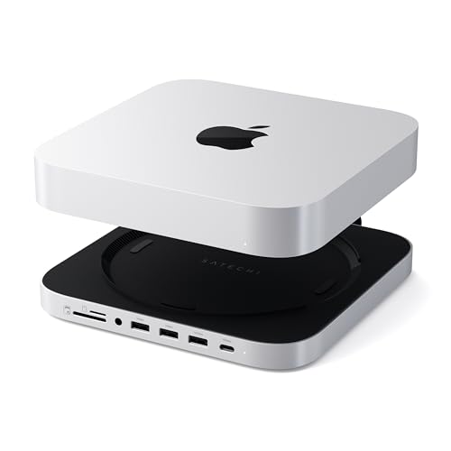 SATECHI Hub & Ständer mit SSD-Gehäuse für Mac mini, NVMe/SATA M.2 Dock mit USB-C 10 Gbps, 3× USB-A, Audio, kompatibel mit Mac mini (2023 M2/M1 Not Mini M4) & Mac Studio (2025 M4/M3/M2/M1)