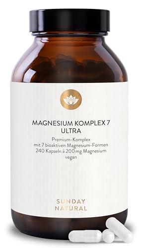 SUNDAY NATURAL® Magnesium Komplex hochdosiert – 240 Kapseln - 400mg pro Tag - aus 7 Verbindungen: Magnesium Bisglycinat, Citrat, Malat, Laktat, Ascorbat, Oxid, Lysinat - Vegan, laborgeprüft