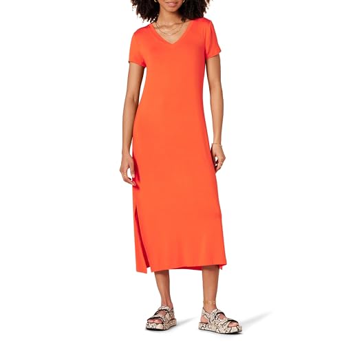 Amazon Essentials Damen Kurzärmliges, mittellanges Jersey-Kleid mit V-Ausschnitt, Korallenorange, XXL