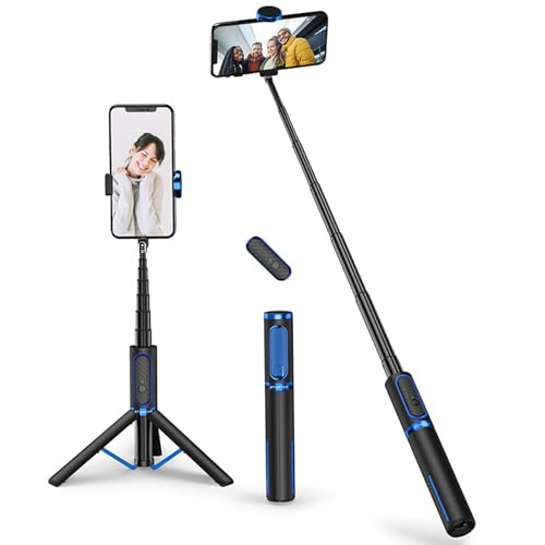 ATUMTEK Selfie Stick Stativ, 3-in-1 Ausziehbares Aluminium Handy Stativ mit kabelloser Bluetooth-Fernbedienung, Kompatibel mit iPhone 17/16/15/14/13/12 mini/11 Pro und Samsung Smartphones, Blau