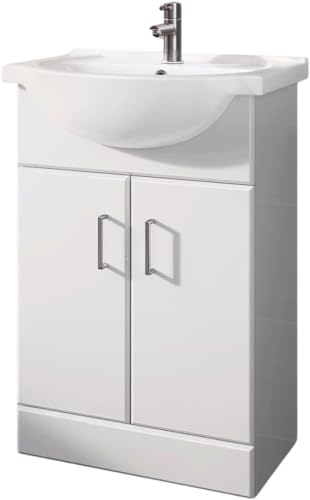 INOBA home Waschtisch mit Unterschrank 55 cm Weiß Hochglanz Waschtischunterschrank Badezimmerschrank Waschbecken mit Unterschrank für Badezimmer