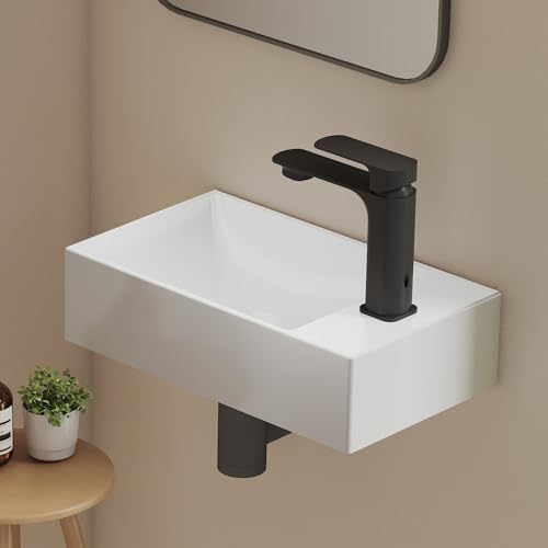 EMKE Klein Waschbecken Rechteckig 38,0 × 22,0 × 10,0 cm – Keramik Waschbecken Mit Hahnloch, Ohne Überlauf, Handwaschbecken Klein Ideal für Badezimmer & Gäste-WC, Weiß