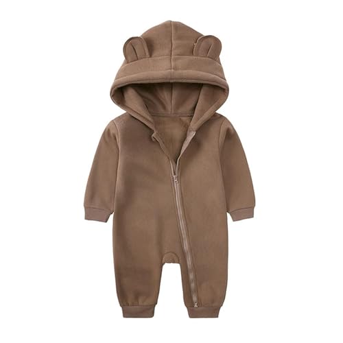 Alunsito Baby Jungen Mädchen Jumpsuit Bären Ohrhörer Hoodie Strampier Reißverschluss Langarm ein Stück Outfits warme Kleidung für Unisex 59 Brown 0-3 Monate