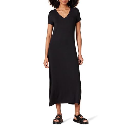 Amazon Essentials Damen Kurzärmliges, mittellanges Jersey-Kleid mit V-Ausschnitt, Schwarz, L