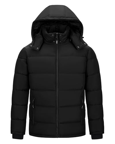 Outdoor Ventures Herren Leichte Steppjacke Wasserdichte Übergangsjacke Winddichte Warme Winterjacke Männer Daunenjacken Winterparka mit Gefüttert Abnehmbare Kapuze Stehkragen Schwarz L