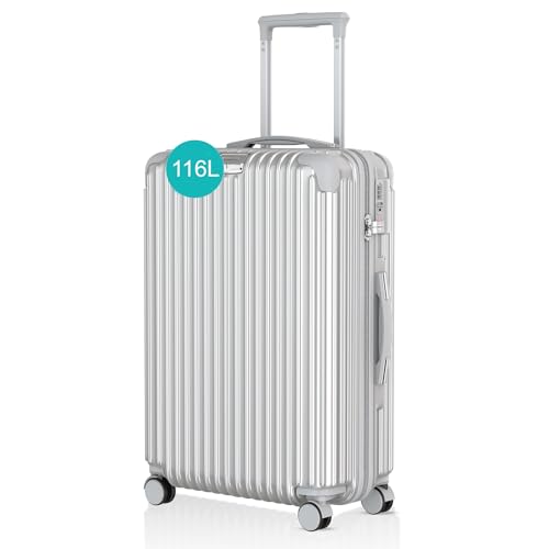 Voyagoux Koffer - 116L, Hartschalenkoffer groß, TSA-Schloss, ABS, 4X 360° Rollen, Robust und Leichtgewicht Suitcase, 76x48x30cm, Silber