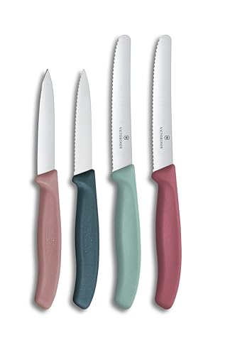 Victorinox Swiss Classic, Tomaten- und Gemüsemesser Set, 4teilig, Scharfe Klinge, 8 und 10 cm, Wellenschliff, Rostfreier Stahl, Grün und Rot