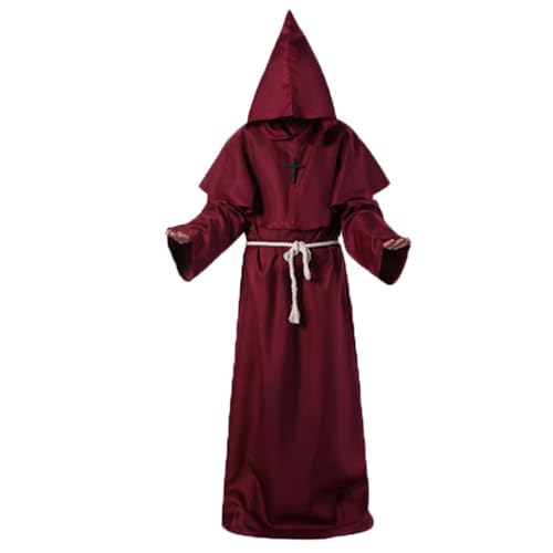Mönch Robe Herren Kostüm, Mittelalterliche Herren Robe mit Kapuze Mönch Priester Gewand Halloween Kostüm Mittelalterliches Männer Mönchskutte Religiöses Mantel für Motto Halloween Karneval Fasching