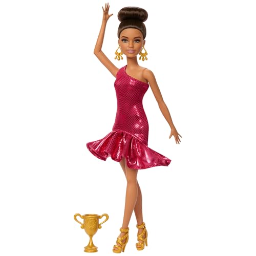 Barbie Turniertänzerin-Modepuppe mit rotem Rüschenkleid, Tanzschuhen, braunen Haaren und Tanzpokal-Zubehör, JFR09