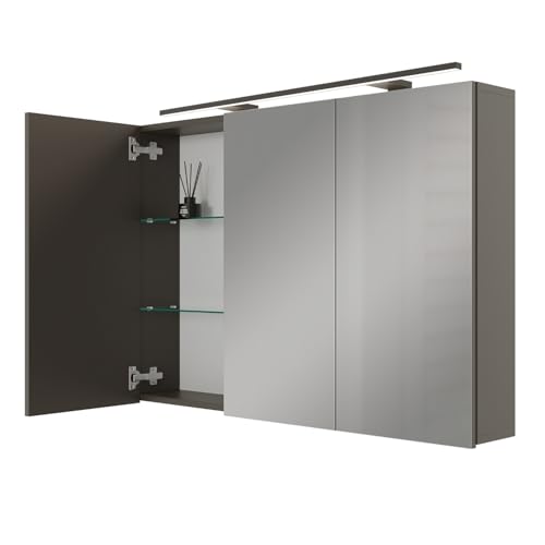 Planetmöbel ARIA Spiegelschrank Bad mit Beleuchtung 100 cm breit | Badschrank hängend mit Spiegel | Anthrazit, mit Leuchte und Steckdose, Spiegelschrank Gäste WC 100 x 70 x 16 cm