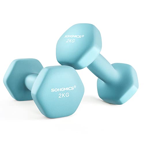 SONGMICS Set mit 2 Kurzhanteln, 2 x 2 kg, hantelförmig, kurz, sechseckig, Neopren-Beschichtung, für Muskelaufbau, Training, Fitness, für Zuhause, hellblau SYL904Q01