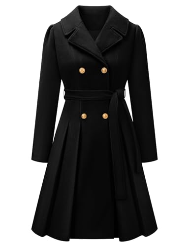 Vancavoo Damen Mantel Wintercoat Elegant Wollmantel Lang Winterjacke Revers Zweireihiger Coat Knielang Trenchcoat Winter A-Linie Jacke Outwear,Schwarz,M