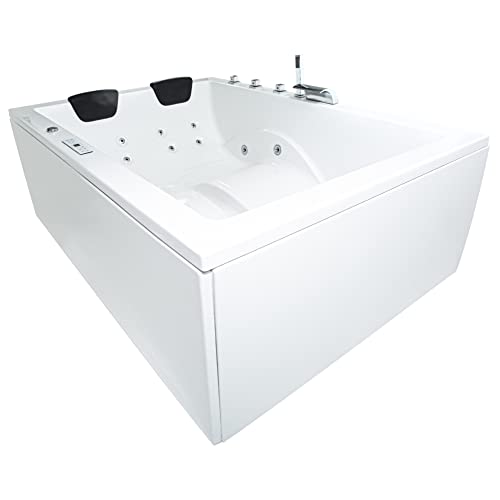 Basera® Classic Indoor Whirlpool Badewanne XXL Wave für 2 Personen mit 24 Massagedüsen, Wasserfall, LED-Ambiente, Touchpanel, Bluetooth und Radio (190 x 140 cm)
