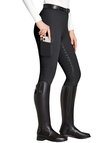 FitsT4 Sports Reitleggings Damen Reithose Mädchen Silikon vollbesatz mit Handytasche und Gürtelschlaufen für Reitsport Pferdetraining,Schwarz,S