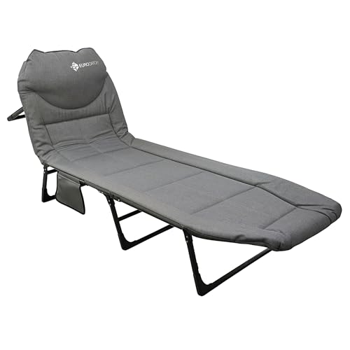 Eurocatch Faltbare Campingliege – Verstellbares Feldbett mit 5-Fach Rückenlehne, 4 stabilen Klappbeinen, Seitentasche, gepolstertem Kopfteil – Kompakt & Bequem – 195×65×27 cm