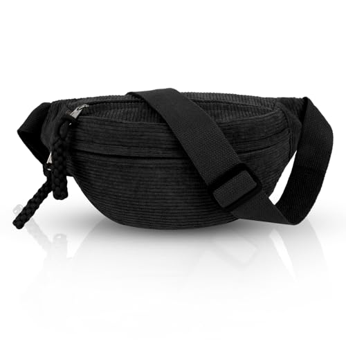 Maxmoc Bauchtasche Cord, Crossbody Bag Damen, Cord Umhängetasche, Modische Gürteltasche mit Schultergurt Einstellbar, für Damen Herren Outdoor Sport, Reise, Schule, Arbeit, (Schwarz)