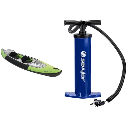 Sevylor Yukon Kajak, Kanu aufblasbar, 2 Personen Faltkajak, Kanadier, inkl. Packsack, grün/Schwarz, 382 x 98 cm & Sevylor 2000019887 manuelle Luftpumpe, blau, 2 x 2 Liter (46 x 22 cm)