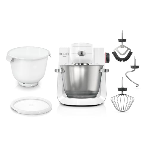 Bosch Küchenmaschine Serie 6, 2 Schüsseln 5,5 l (Edelstahl, Kunststoff), 7 Stufen, Planetenrührwerk, Knethaken/Rühr-/Silikonbesen spülmaschinenfest, weiß, MUMS6EW18