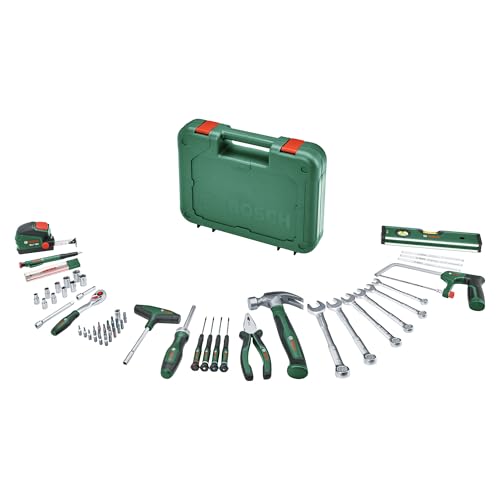 Bosch Werkzeug-Set 64-teilig (vielseitige, ergonomische Werkzeuge aus hochwertigen Materialien; Zange; Schraubenschlüssel; Schraubendreher; Ratsche; Messwerkzeuge; Säge; Hammer; Tieflochmarker)