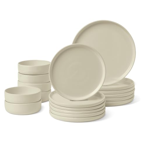 Amazon Basics Glasiertes Steingutgeschirr, 18-Teiliges Set, 6 Komplette Gedecke, Spülmaschinenfest, Elfenbeinfarben