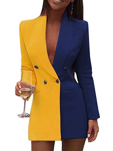 Minetom Damen Blazer Kleid Frauen Langarm V-Ausschnitt Hemdkleid Business Lange Knopf Anzug Spleißen Minikleider Gelb 36