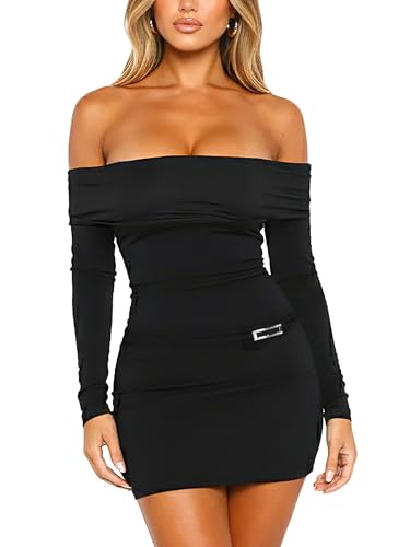 Navneet Partykleid Damen Off Shoulder Schwarzes Kleid Bodycon Langarm Elegant Sexy Kleider Cocktail Mini Dress Schwarz S