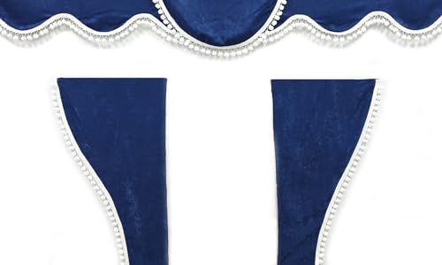 LKW Vorhänge - 3 STK. Gardinen Set in Blau mit weißen Pompons