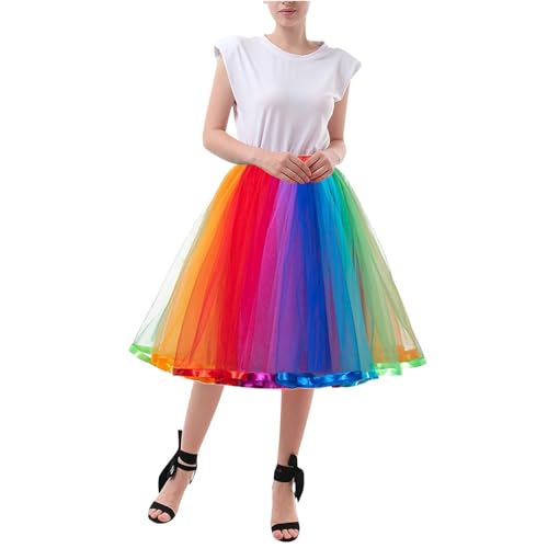 Regenbogen Tüllrock Damen Tütü 80Er Jahre Vintage Midirock Tüll Rock 3 Lagig Hohe Taille Klassisch Retro Tüll Petticoat Frauen Kurz Ballet Tanzrock Abendkleid Karnevalkostüm Rot M