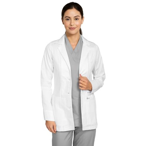 B-well Livia Damen Arztkittel kurz Weiß – Medizinischer Laborkittel mit Reverskragen, Langarm, 3 Taschen, Knopfleiste – Pflege & Klinik Berufskleidung (Weiss, S)
