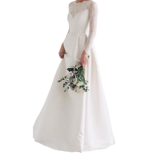 Enigmaire Brautkleid Prinzessin,Spitze Hochzeitskleider,A-Linies Brautmode Langarm,Standesamt Brautkleid RüCkenfrei,Brautkleid Weiß Lang Prinzessin,Spitzenapplikation,Satin,FüR Hochzeiten