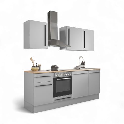 Stella Trading Denver Moderne Küchenzeile mit Elektrogeräten in Grau, Lancelot Eiche Optik - Geräumige Einbauküche mit viel Stauraum - 220 x 211 x 60 cm (B/H/T)
