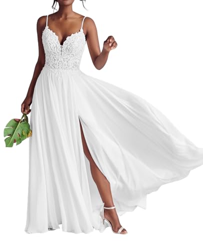 JAEDEN Brautkleider mit Schlitz Boho Strand Hochzeitskleider Chiffon Spitze Braut Kleid Weiß 32